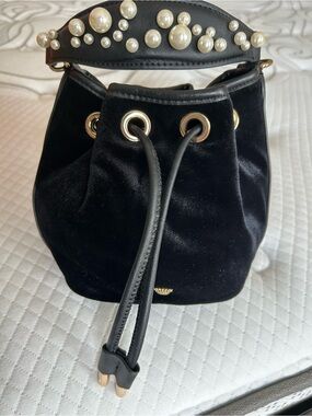 Juicy Couture Black Velvet Mini Bucket Bag with Pearl-Embellished Handle